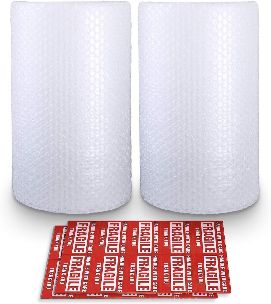 Bubble Cushioning Wrap Rolls, 3/16" x 12" x 72' ft Total [2 Rolls of 36 Feet] Perforated Every 12", 20 Fragile Stickers for Packaging