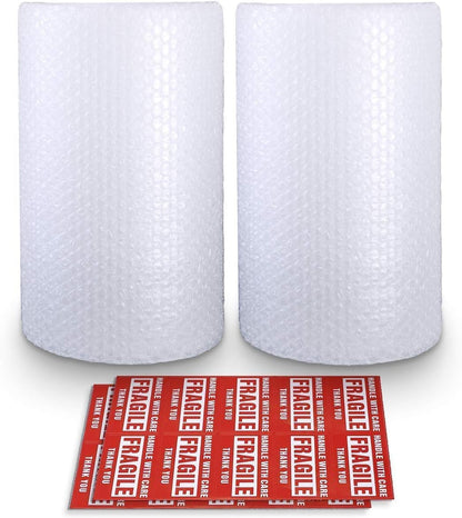 Bubble Cushioning Wrap Rolls, 3/16" x 12" x 72' ft Total [2 Rolls of 36 Feet] Perforated Every 12", 20 Fragile Stickers for Packaging