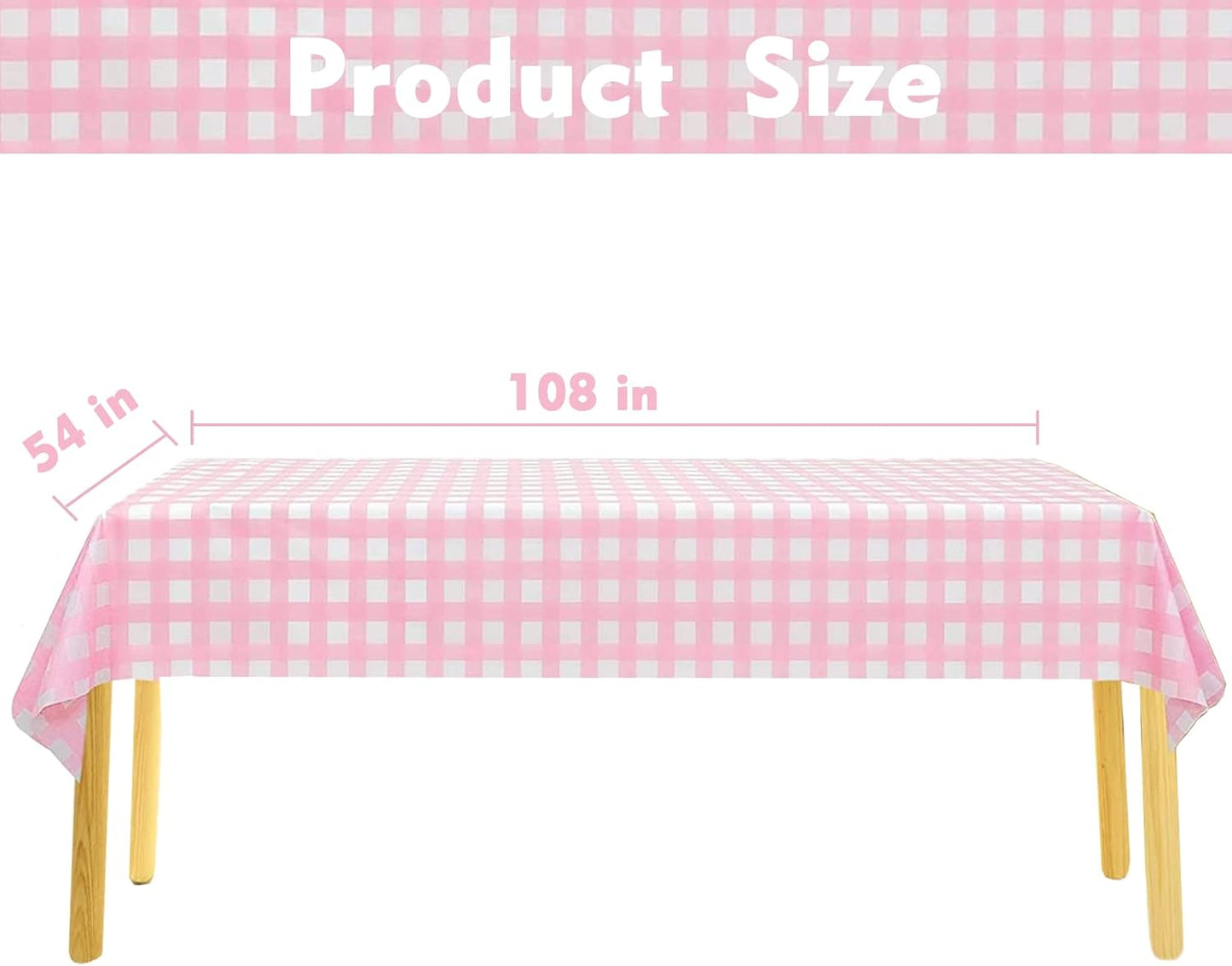 Kesfey 3 Packs Pink Gingham Tablecloth Pink and White Checkered Tablecloths 54 x 108 Inches Disposable Plastic Gingham Tablecovers Waterproof