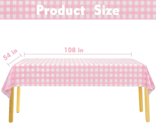 Kesfey 3 Packs Pink Gingham Tablecloth Pink and White Checkered Tablecloths 54 x 108 Inches Disposable Plastic Gingham Tablecovers Waterproof