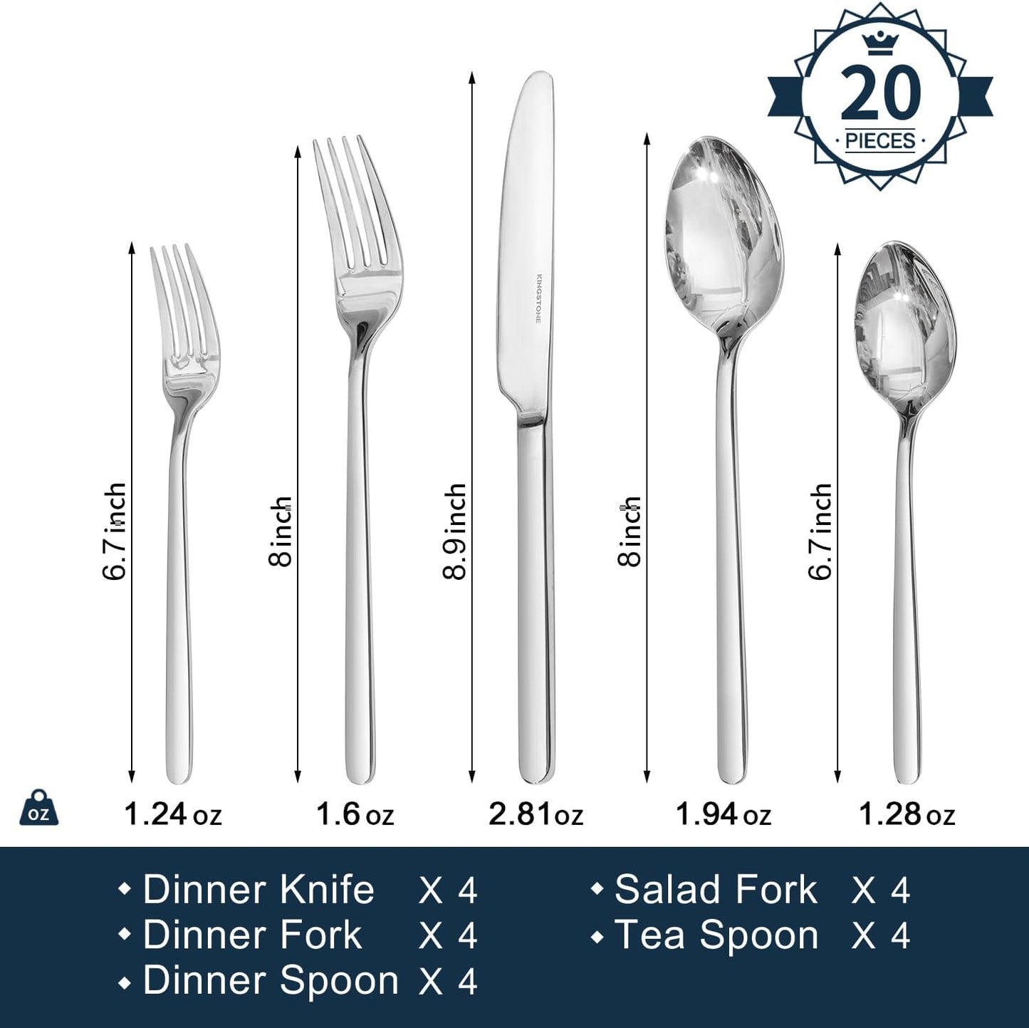 KINGSTONE Silverware Set, 20 Piece Flatware Cutlery Set for 4, 18/10 Stainless Steel Silverware Mirror Polished Dishwasher Safe for Home