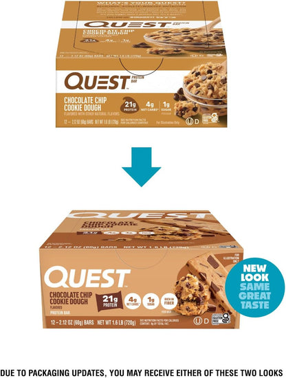 Quest Nutrition Chocolate Chip Cookie Dough Protein Bars, High Protein, Low Carb, Gluten Free, Keto Friendly, 12 Count