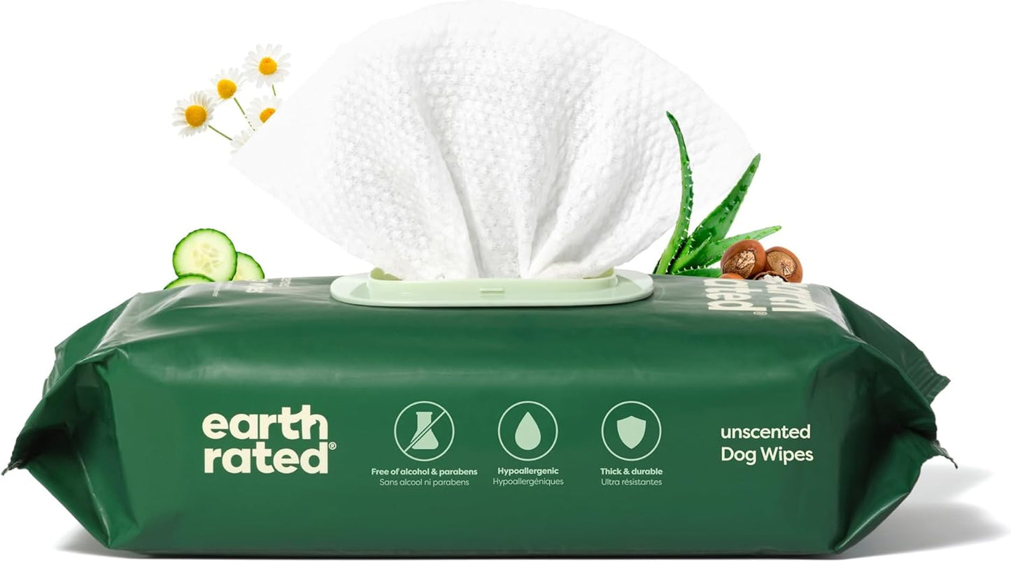 Earth Rated Pet Wipes for Dogs and Cats, Hypoallergenic, 3-in-1 Cleaning, Deodorizing and Hydrating, for Grooming Paws, Body and Butt