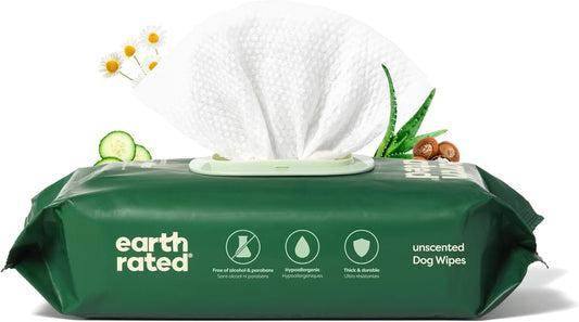 Earth Rated Pet Wipes for Dogs and Cats, Hypoallergenic, 3-in-1 Cleaning, Deodorizing and Hydrating, for Grooming Paws, Body and Butt