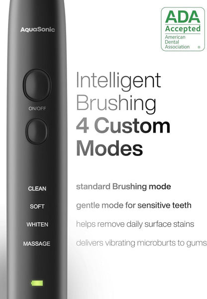 Aquasonic Black Series Ultra Whitening Toothbrush ADA Accepted Electric Toothbrush- 8 Brush Heads & Travel Case