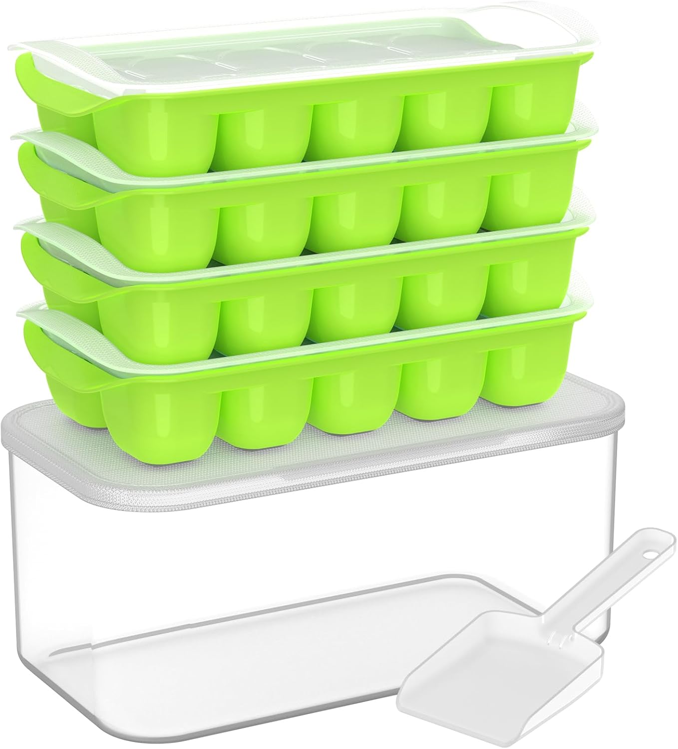 DOQAUS Ice Cube Tray with Lid and Bin - 4 Pack Ice Bucket Kits, Stackable Silicone Ice Trays for Freezer, Easy Pop Out, BPA Free for Cocktail