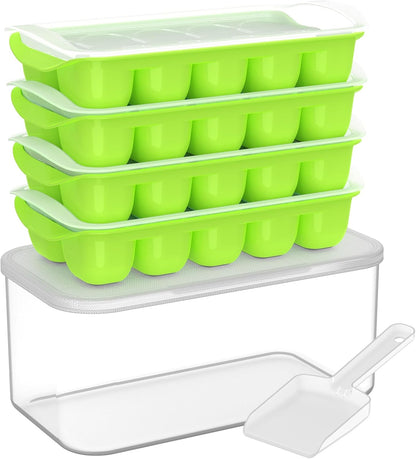 DOQAUS Ice Cube Tray with Lid and Bin - 4 Pack Ice Bucket Kits, Stackable Silicone Ice Trays for Freezer, Easy Pop Out, BPA Free for Cocktail