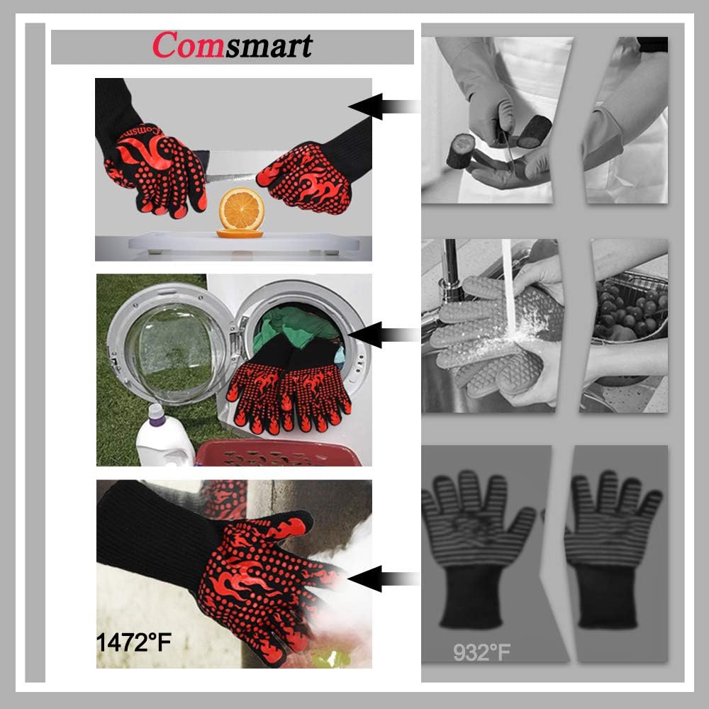 Comsmart BBQ Gloves, 1472 Degree F Heat Resistant Grilling Gloves Silicone Non-Slip Oven Gloves Long Kitchen Gloves for Barbecue, Cooking