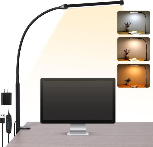 Voncerus LED Desk Lamp with Clamp, Eye-Caring Clip on Lights for Home Office, 3 Modes 10 Brightness, Long Flexible Goose-Neck