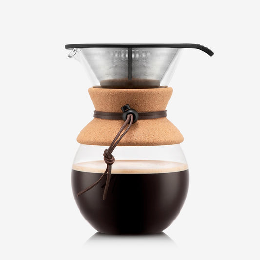 Bodum 34oz Pour Over Coffee Maker, High-Heat Borosilicate Glass with Reusable Stainless Steel Filter and Cork Grip - Made in Portugal