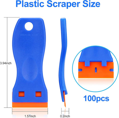 4 Pcs Plastic Razor Blade Scraper and 100 Pcs Blades, Remove Label Decal Tool Forwithout Scratches Plastic Razor Blade