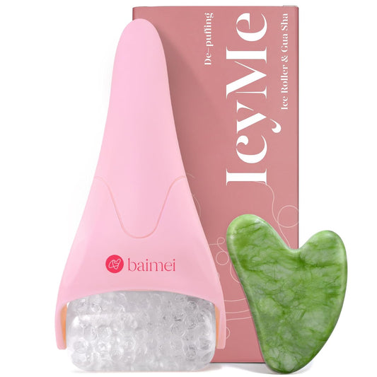 BAIMEI IcyMe Ice Roller for Face and Gua Sha Facial Tool Set, Ice Face Roller Reduces Puffiness Relieves Migraines Skin Care