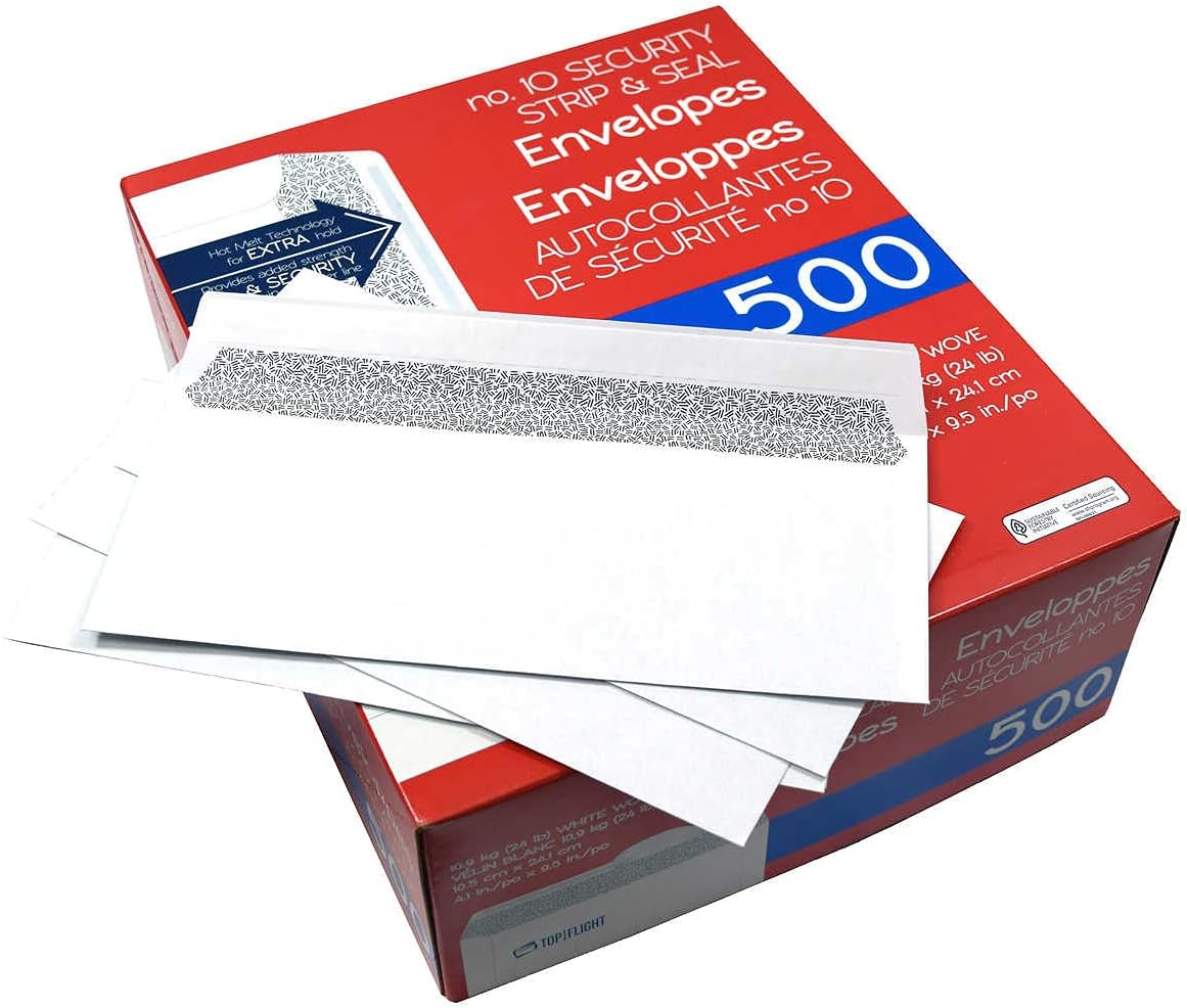 Top Flight PSTF10NWT Envelopes, Strip & Seal, Security Tinted, White Paper, 24 lb, 500 Count