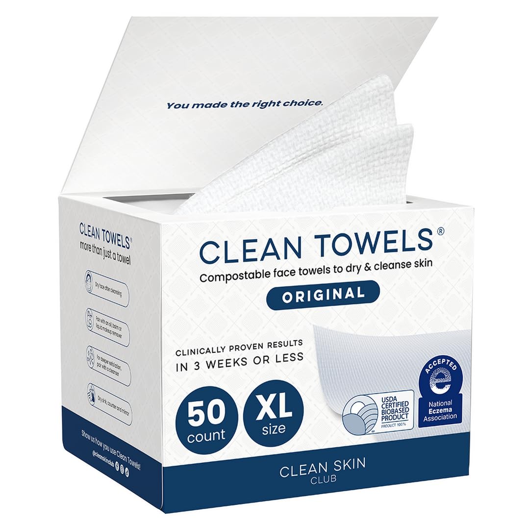 Clean Skin Club Clean Towels XL, 100% USDA Biobased Face Towel, Disposable Face Towelette, Eczema Association Accepted, Makeup Remover Dry
