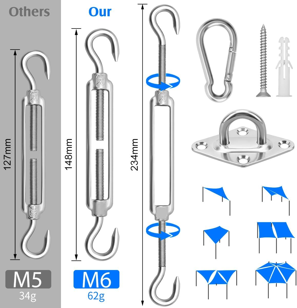 Sun Shade Sail Hardware Kit 6 Inch for Rectangle & Triangle Shade Sail