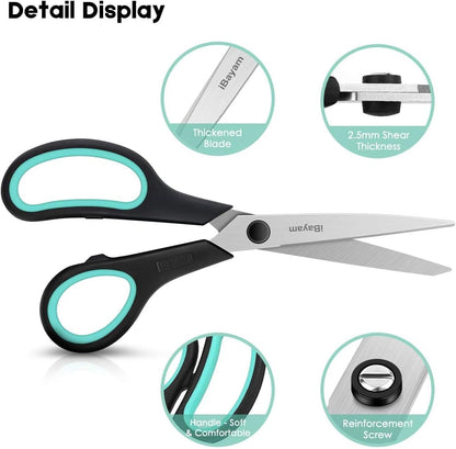 iBayam 3-Pack 8" Heavy Duty Scissors with Ultra Sharp Blades and Comfort Grip Handles - For Office, Home, School, Sewing, and Crafts