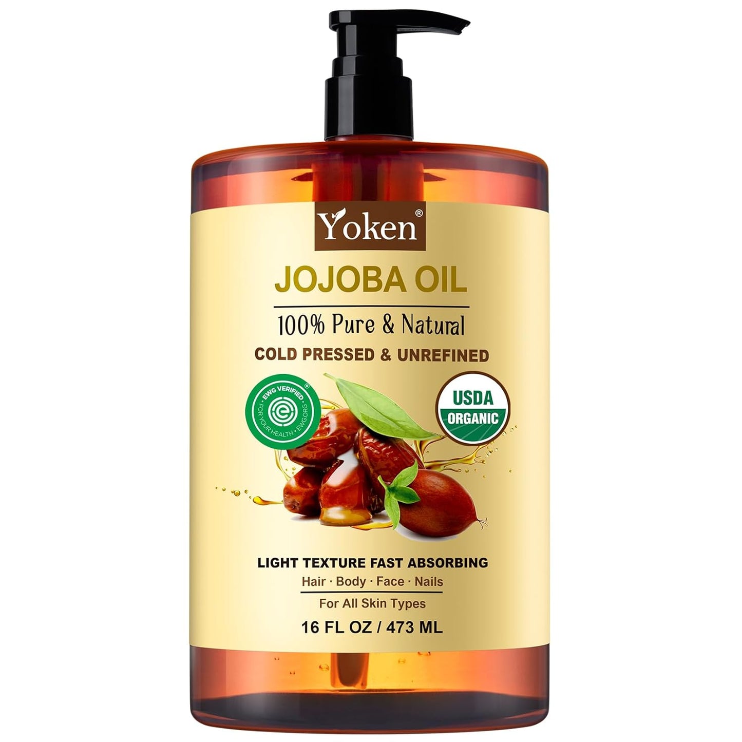 Yoken Pure Jojoba Oil Organic USDA Certified 16 fl oz, 100% Natural Jojoba Oil for Hair, Skin & Face, Cold Pressed