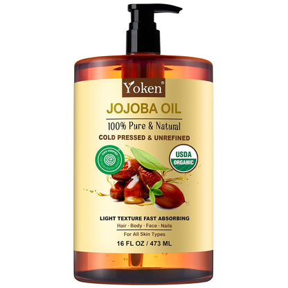 Yoken Pure Jojoba Oil Organic USDA Certified 16 fl oz, 100% Natural Jojoba Oil for Hair, Skin & Face, Cold Pressed