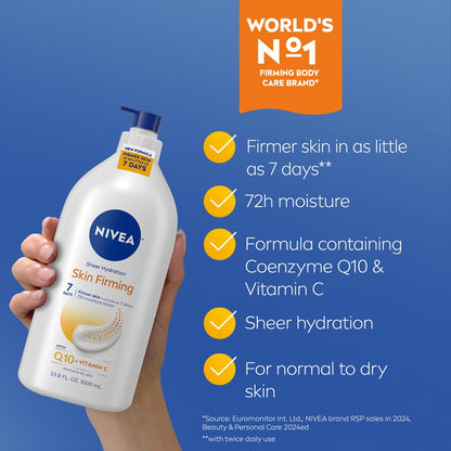 NIVEA Sheer Hydration Skin Firming Body Lotion with Q10 and Vitamin C, 72-Hour Body Moisturizer for Normal to Dry