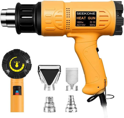 SEEKONE Heat Gun 1800W 122-120250- 650Fast Heating Heavy Duty Hot Air Gun Kit Variable Temperature Control Overheat Protection with 4 Nozzles for