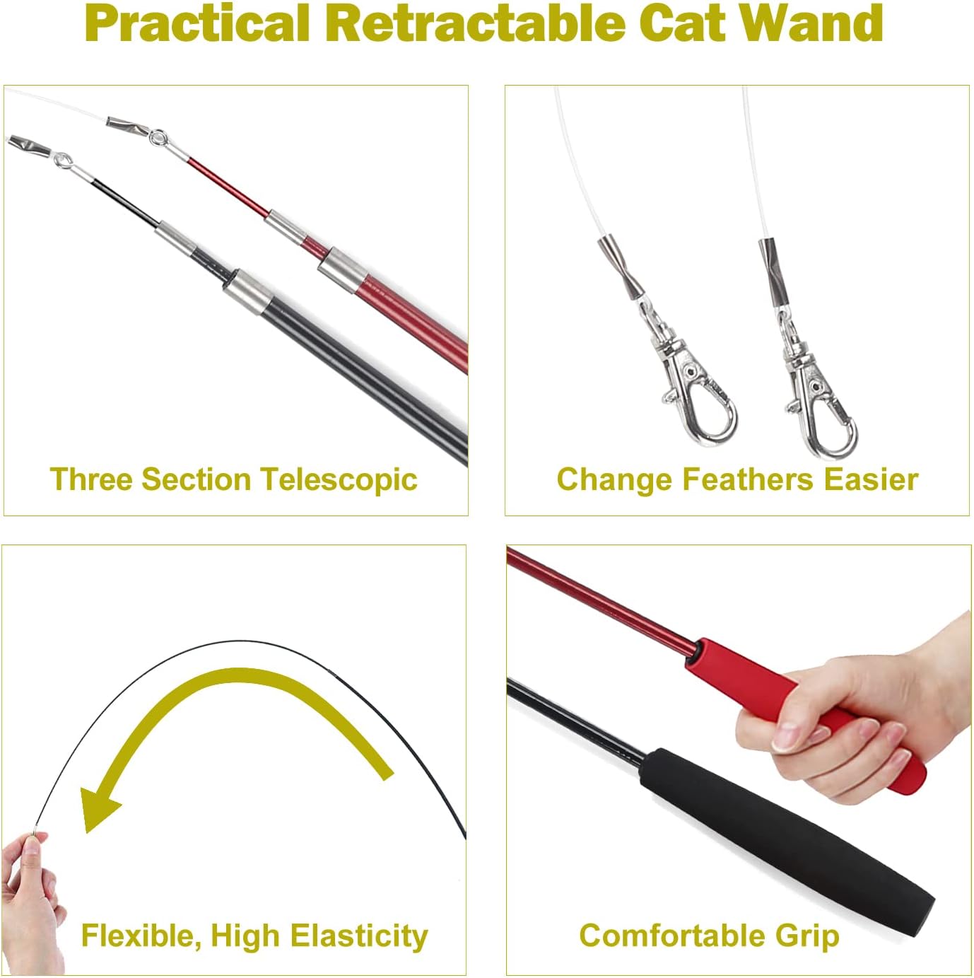 MeoHui Cat Toys for Indoor Cats, Interactive Cat Toy 2PCS Retractable Wand Toy and 9PCS Cat Feather Toys