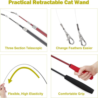 MeoHui Cat Toys for Indoor Cats, Interactive Cat Toy 2PCS Retractable Wand Toy and 9PCS Cat Feather Toys
