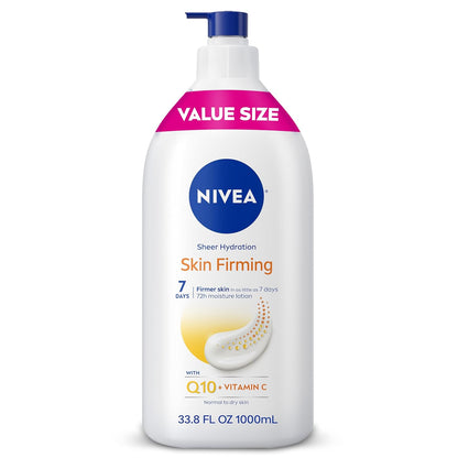 NIVEA Sheer Hydration Skin Firming Body Lotion with Q10 and Vitamin C, 72-Hour Body Moisturizer for Normal to Dry