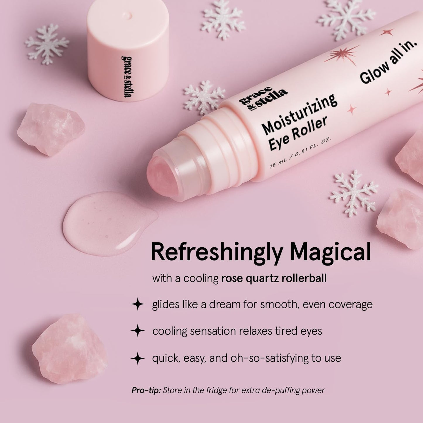 grace & stella Under Eye Brightener with Rose Quartz Rollerball - Centella Asiatica & Caffeine Under Eye Serum for Dark Circles & Puffiness - Travel
