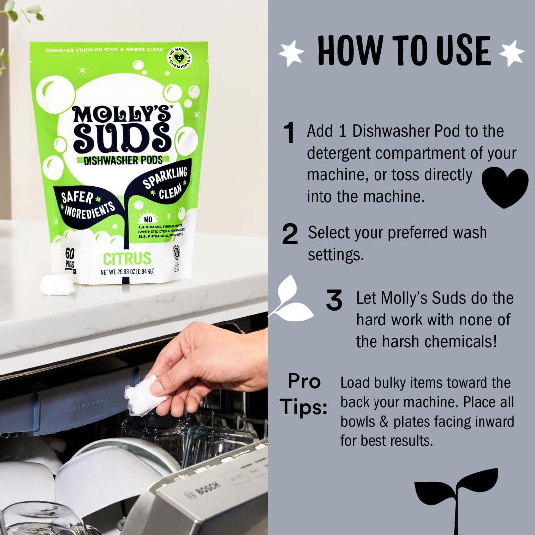 Molly's Suds Dishwasher Pods, Clean Dishwasher Detergent, Cuts Grease & Rinses Clean (Residue-Free) for Sparkling