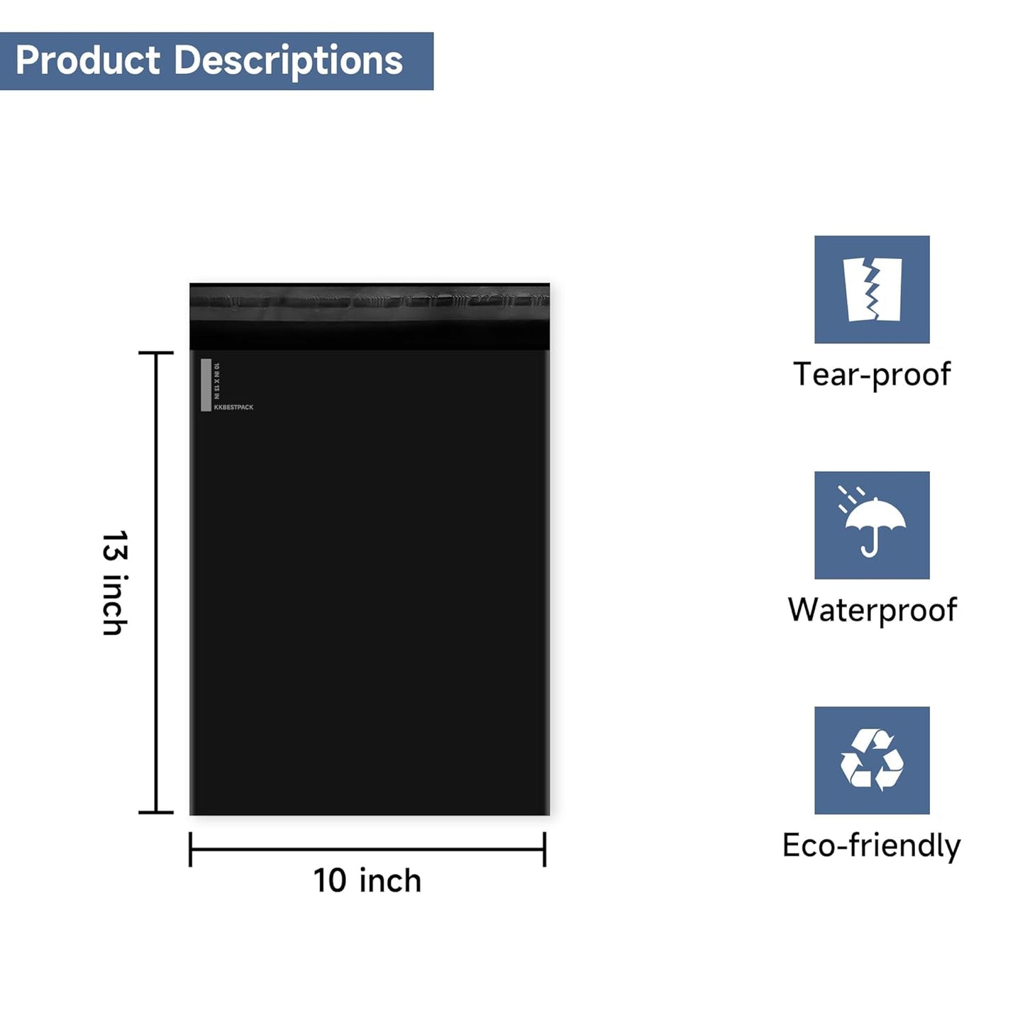 KKBESTPACK 100 Large Poly Mailers 10x13 Shipping Bags for Small Business Self Sealing Package Envelopes (10 x 1300, Black)