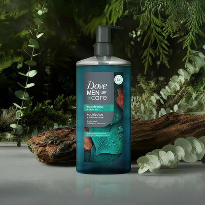DOVE MEN Moisturizing Body Wash, Dermatologist Body Wash for Men, Sulfate Free, Paraben Free, & Dye Free, Eucalyptus + Cedar Oil, 26oz