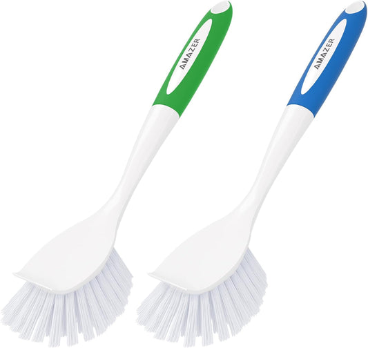 Amazer Dish Brush with Handle, 2 Pack Kitchen Scrub Brushes for Cleaning, Dish Scrubber with Stiff Bristles for Sink, Pots, Pans