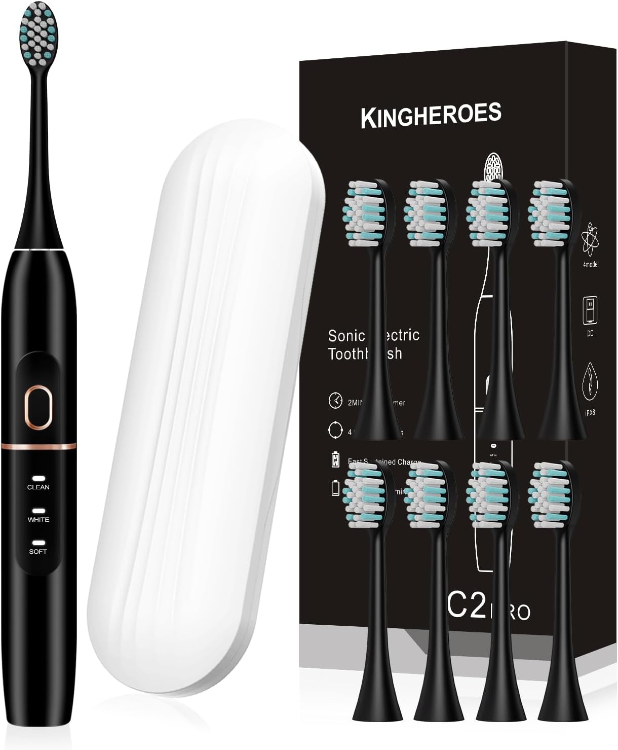 kingheroes Electric Toothbrush Set, Comes with 8 Brush Heads & Travel Case,4 Modes with 2 Minutes Built in Smart Timer, One Charge for 60