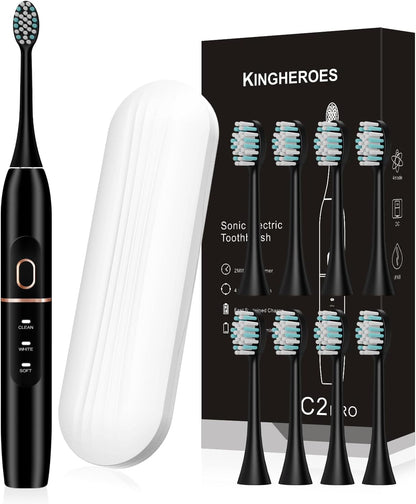 kingheroes Electric Toothbrush Set, Comes with 8 Brush Heads & Travel Case,4 Modes with 2 Minutes Built in Smart Timer, One Charge for 60