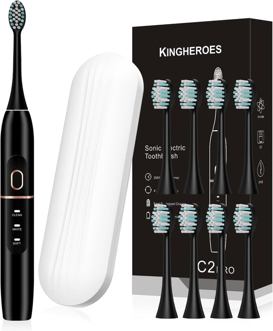 kingheroes Electric Toothbrush Set, Comes with 8 Brush Heads & Travel Case,4 Modes with 2 Minutes Built in Smart Timer, One Charge for 60