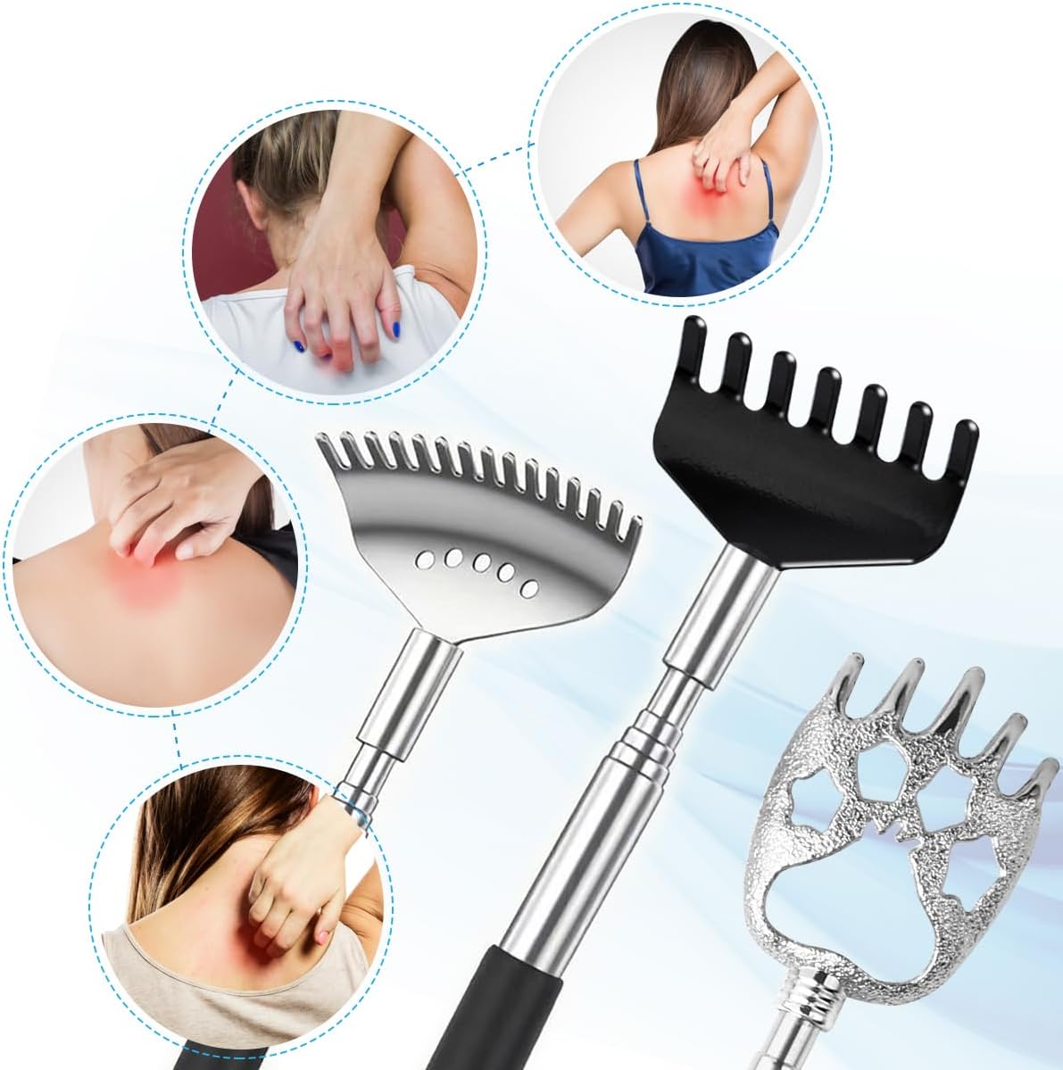 Yeipis 3 Pack Different Back Scratcher Metal Portable Telescoping with Rubber Handles, Extendable Back Massager Tool with Beautiful