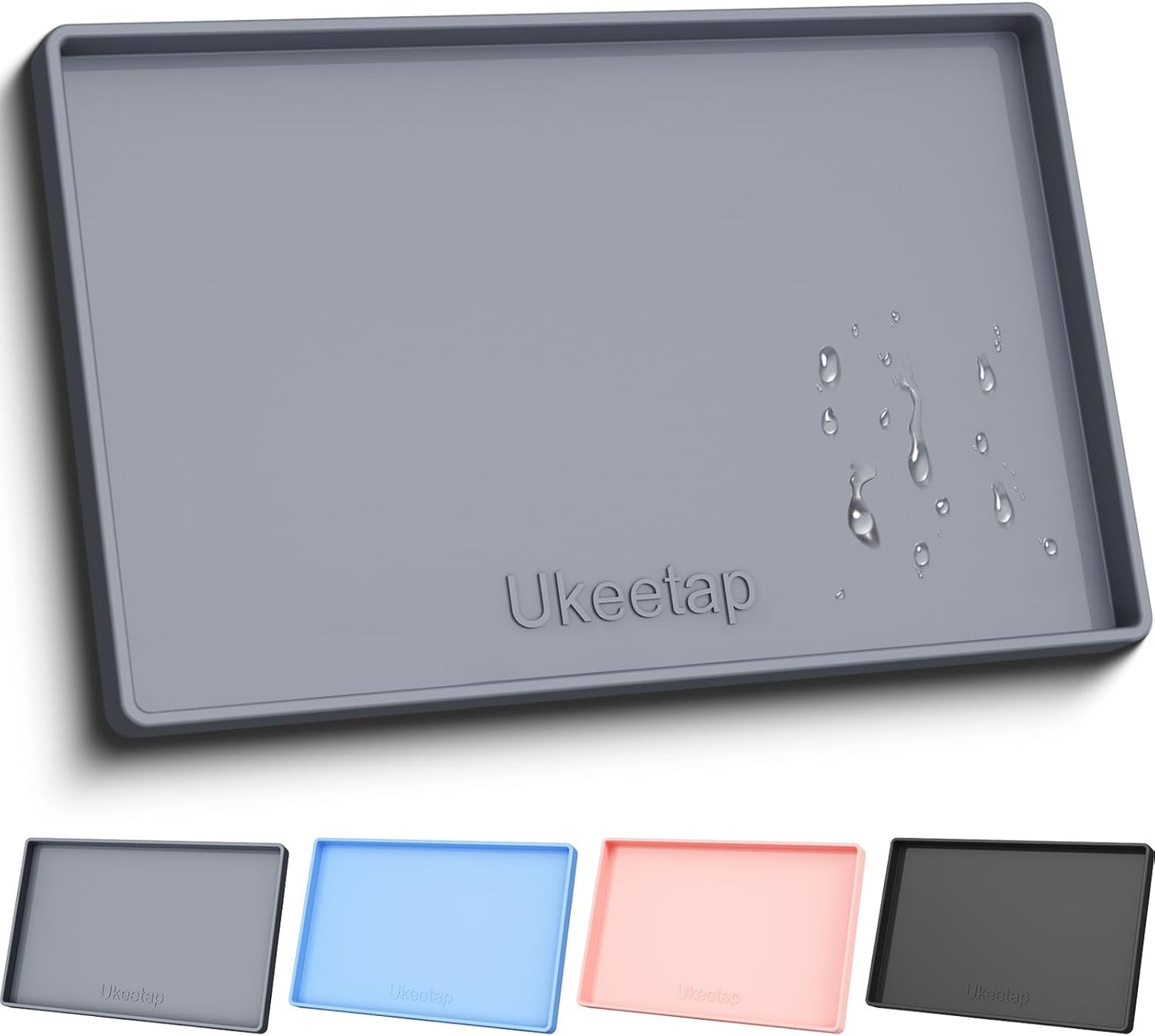 ukeetap Extra Thick Silicone Mat Waterproof with Raised Edge 19 x 12, BPA Free Non-Slip Dog & Cat Food Mat, Feeding Mat for Food and Water