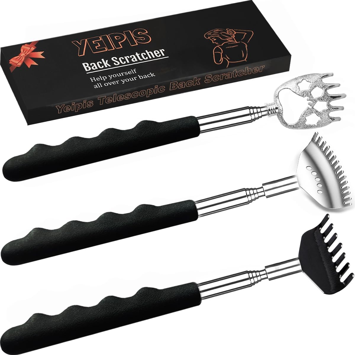 Yeipis 3 Pack Different Back Scratcher Metal Portable Telescoping with Rubber Handles, Extendable Back Massager Tool with Beautiful