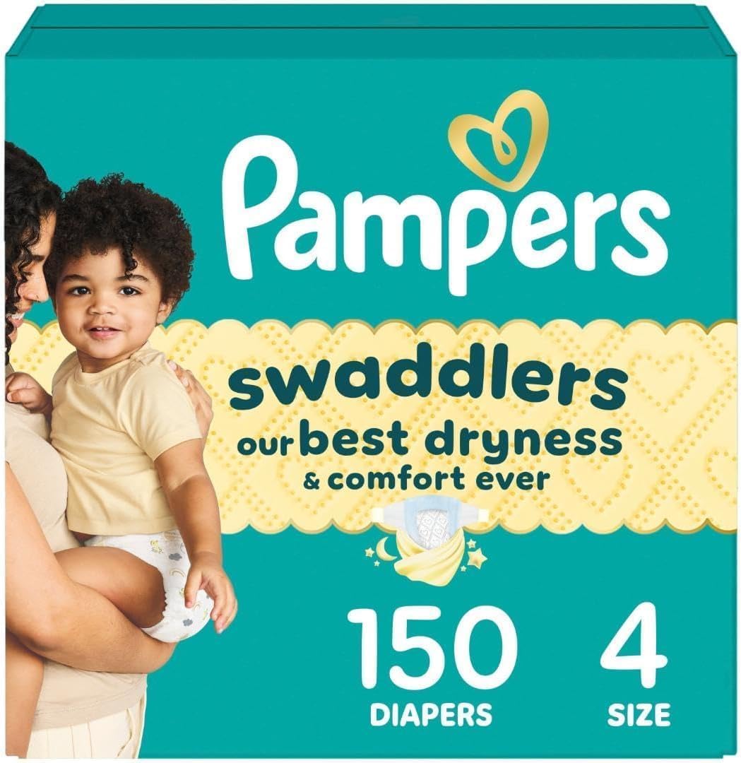 Pampers Swaddlers Diapers, Size 4 (15-34 lbs), 150 Count, Absorbent, Keeps Baby Dry and