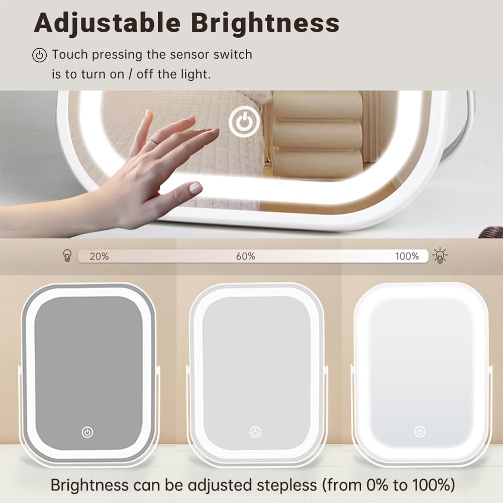 YEKKOPT Travel Makeup Mirror with Lights, Portable Small Beauty LED Vanity Mirror with Lights, 1200mAh Battery, Dimmable Touch