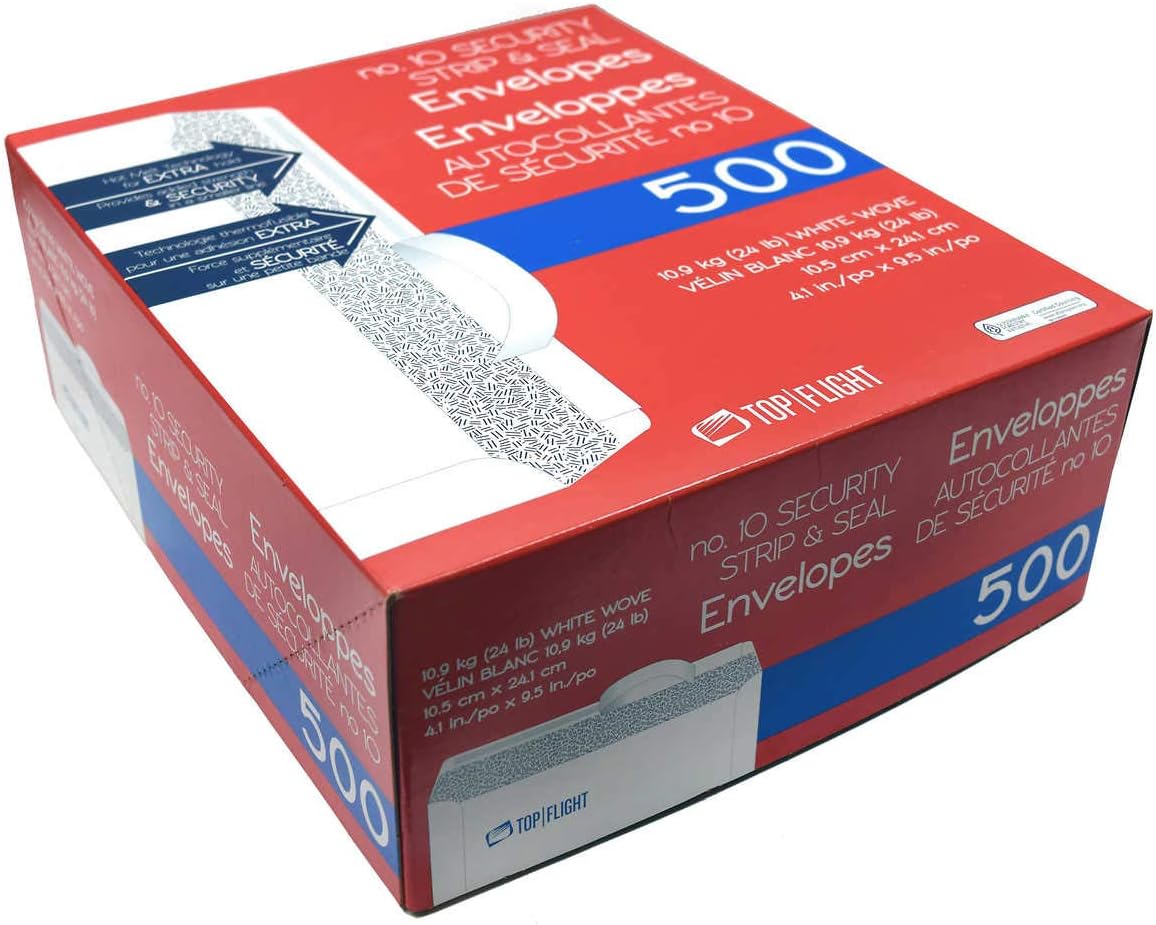 Top Flight PSTF10NWT Envelopes, Strip & Seal, Security Tinted, White Paper, 24 lb, 500 Count