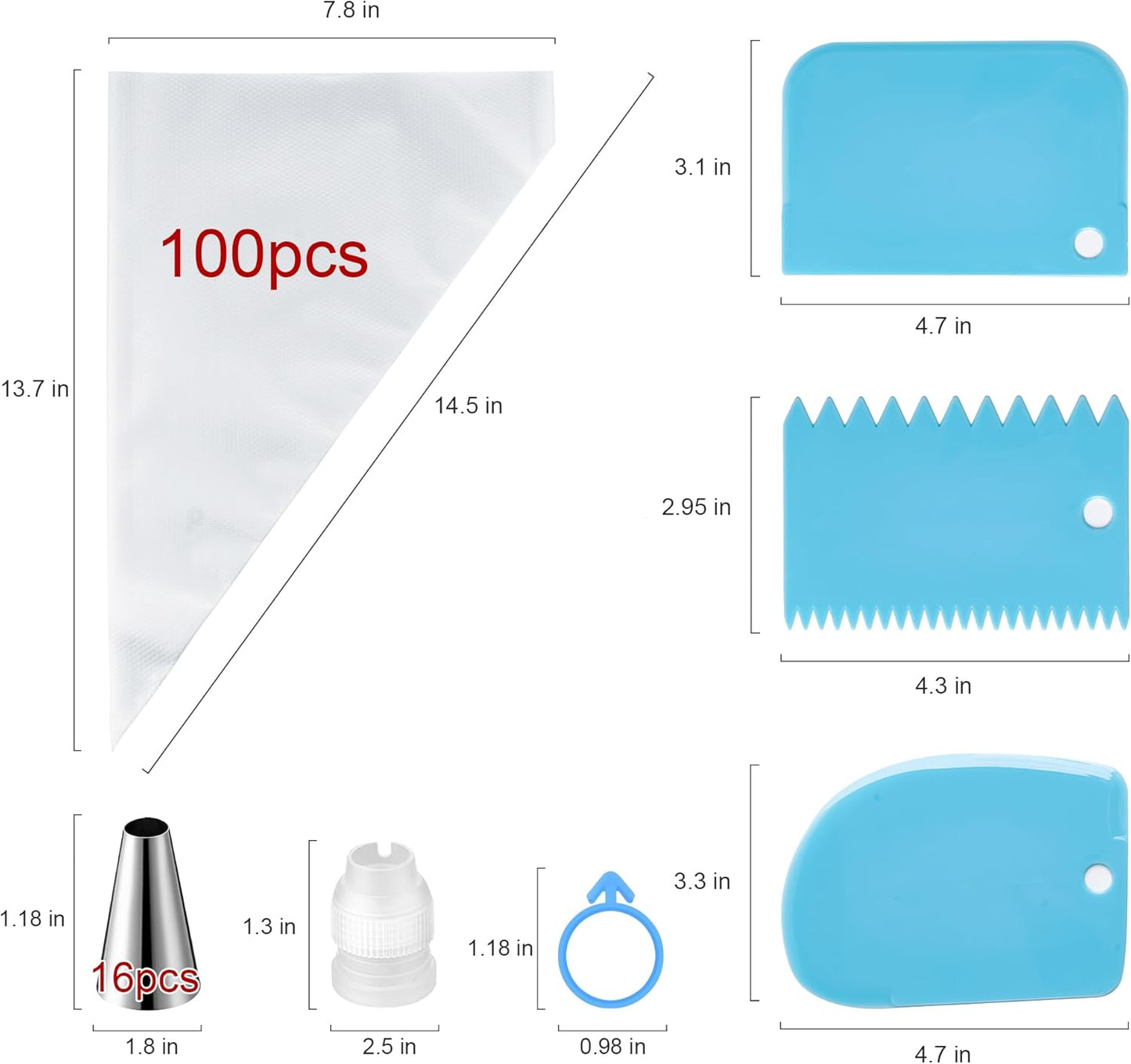 Piping Bags and Tips Set, Cakes Decorating Supplies Kit with 100pcs 12 Inch Pastry Bags, 16 Piping Tips, 3 Cake Scraper, 2 Couplers, 2 Bag