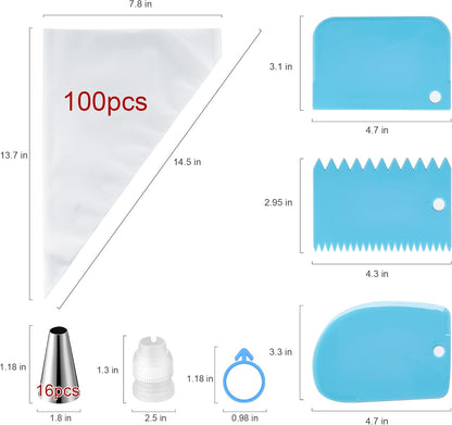 Piping Bags and Tips Set, Cakes Decorating Supplies Kit with 100pcs 12 Inch Pastry Bags, 16 Piping Tips, 3 Cake Scraper, 2 Couplers, 2 Bag