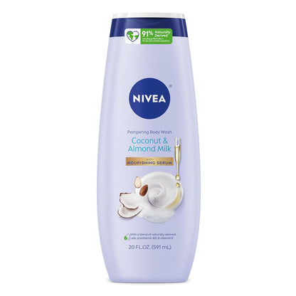 NIVEA Pampering Coconut and Almond Milk Body Wash with Nourishing Serum, Moisturizing Body Wash for Women, Enriched with Provitamin B5 and Vitamin