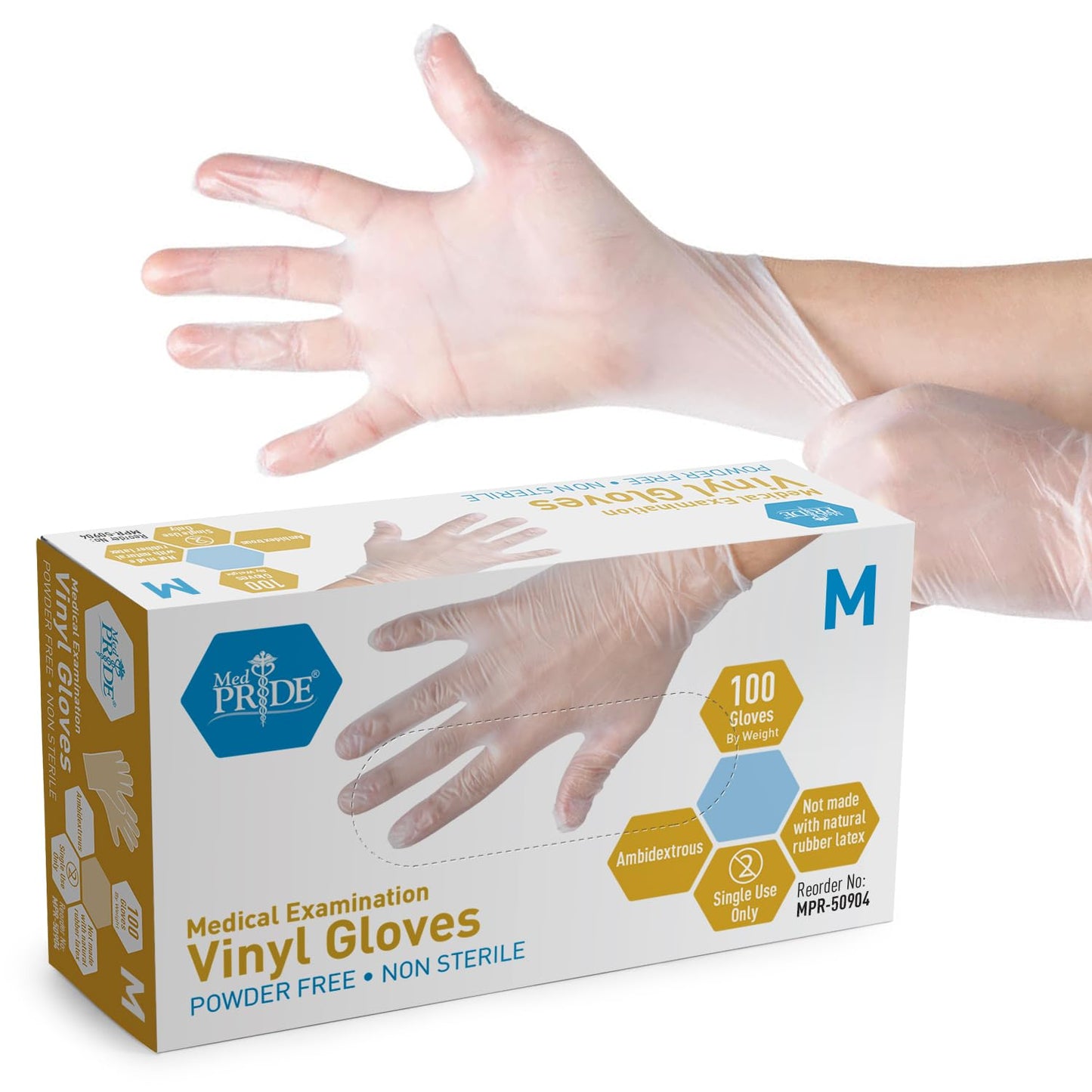MED PRIDE Disposable Medical Grade Vinyl Exam Gloves, Latex & Powder Free, Ultra-Strong, for Healthcare & Food Handling (Medium (00) 100 Clear)