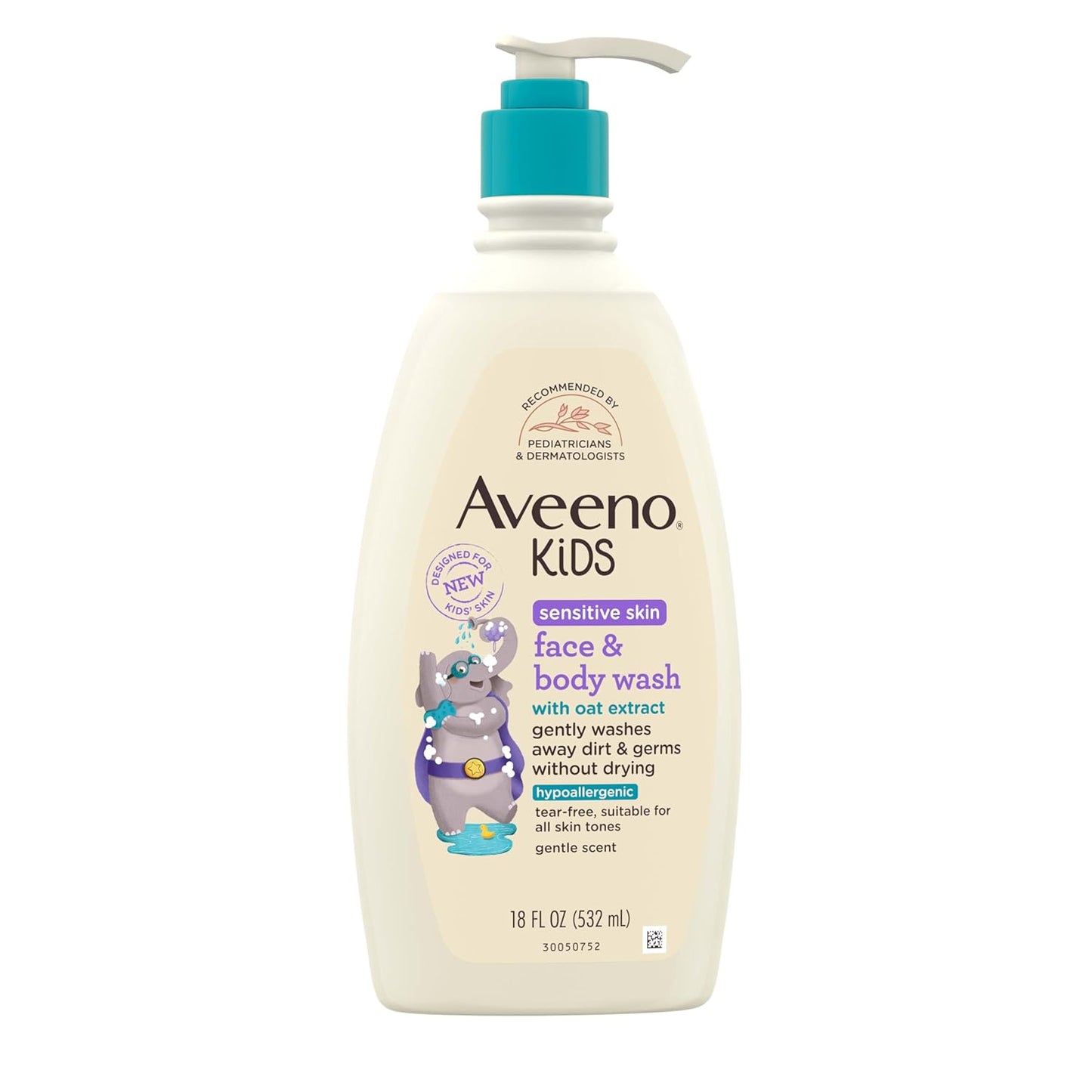 Aveeno Kids Face & Body Wash for Sensitive Skin, Oat Extract, Tear-Free, Non-Drying, Light Scent, Pump Dispenser, Hypoallergenic, Sulfate & Dye
