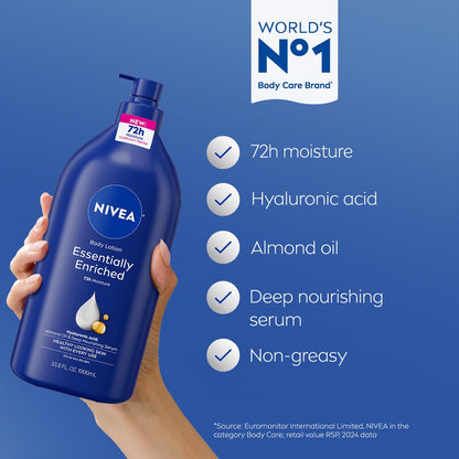 NIVEA Essentially Enriched Body Lotion for Very Dry Skin with Hyaluronic Acid, Almond Oil and Deep Nourishing Serum, 72-Hour Body