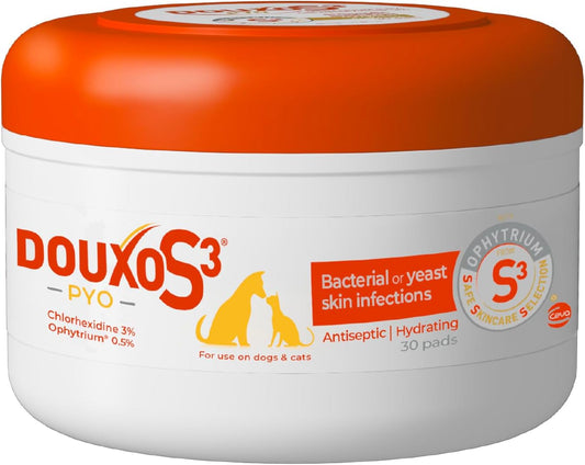Douxo S3 Pyo Pads, Contains 3% Chlorhexidine & 0.5% Ophytrium, Antiseptic & Hydrating, For Bacterial or Yeast Skin Infections, For Dogs and