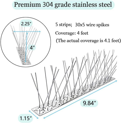 PANGCH Bird Spikes,Stainless Steel Bird Spikes Metal Bird Spikes Fence Spikes Easy to Install - 5 Strips 4.1 Feet Coverage