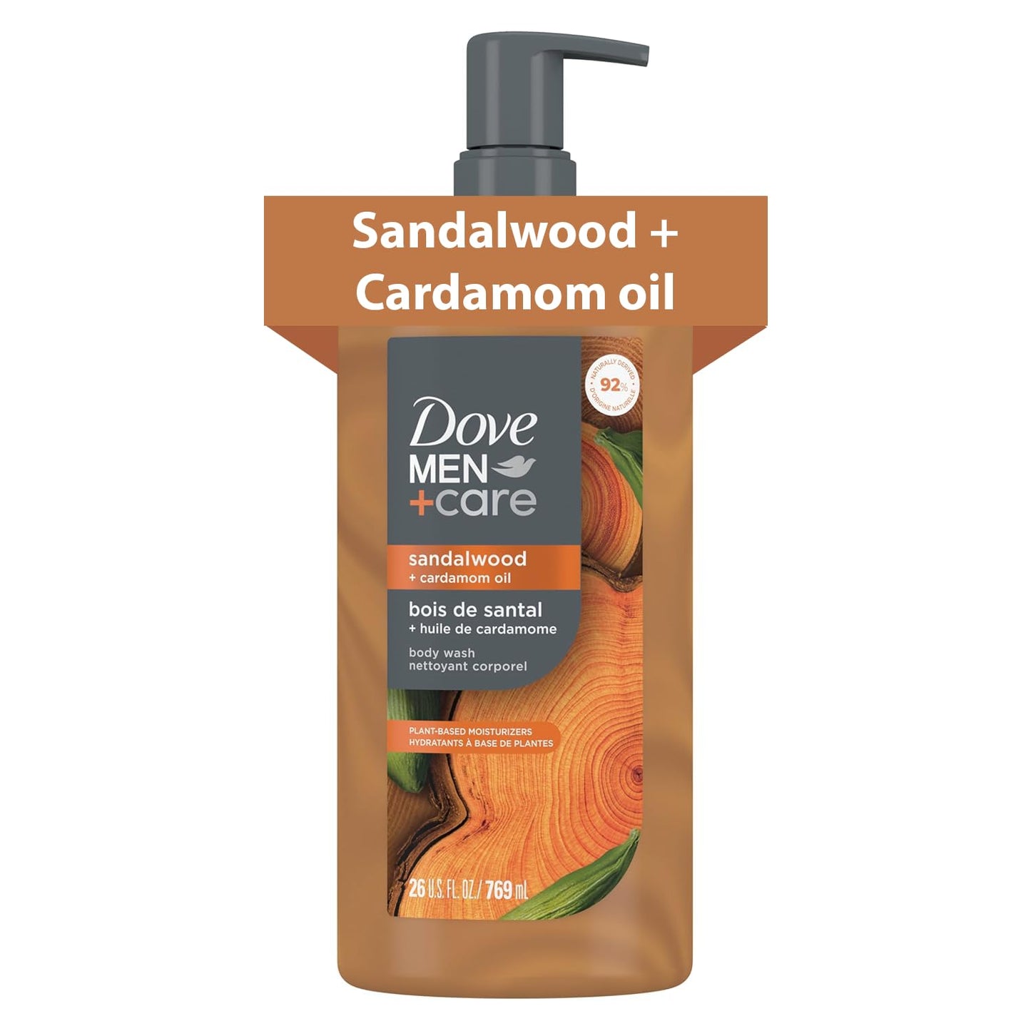 DOVE MEN Moisturizing Body Wash, Dermatologist Body Wash for Men, Sulfate Free, Paraben Free, & Dye Free, Sandalwood + Cardamom Oil, 26oz